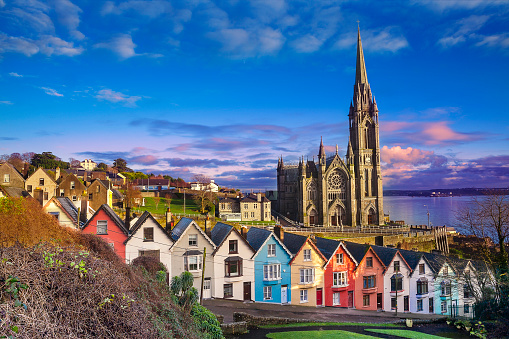 The colourful terraced houses and cathedral of Cobh, County Cork