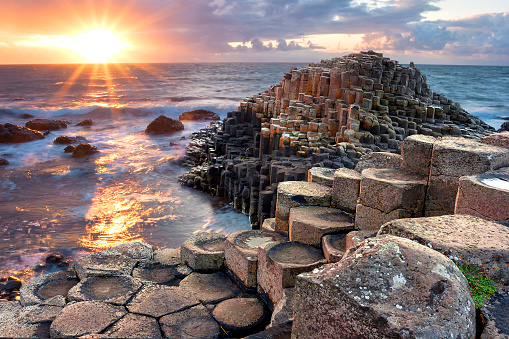 Basalt columns of the Giant's Causeway at sunset